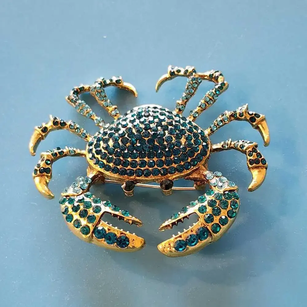 Stunning Crab Brooch Blue Green Rhinestones Goldtone Metal